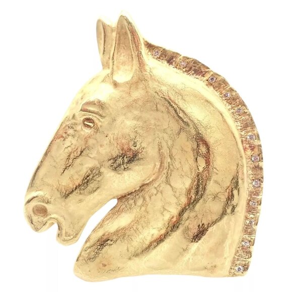 Rare Vintage Hermes Paris 18k Solid Yellow Gold Diamond Horse Extra Large Brooch - Picture 1 of 12